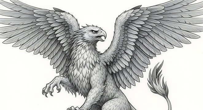 Fototapeta  Majestic gryphon pencil sketch with intricate feather details and wings outstretched