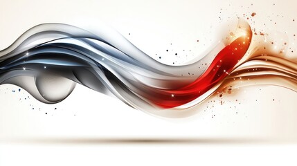 Abstract flowing waves in shades of red, silver, and orange with a smooth gradient background.