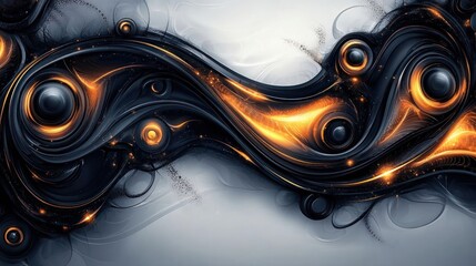 An abstract design featuring flowing shapes with black and orange hues, creating a dynamic visual.