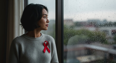 Thoughtful woman with red AIDS awareness ribbon looking out window on rainy day. Young Asian female in profile view with red ribbon over her heart. AIDS Victims Remembrance Day. World AIDS day