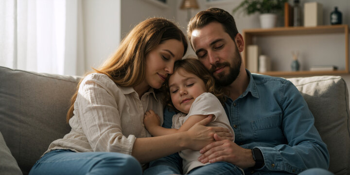 Loving family resting on the sofa. Mother, father and daughter cuddling together at home.