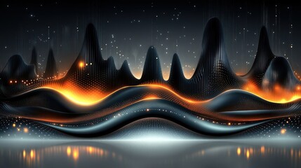 Abstract digital landscape with peaks and waves, glowing with orange and blue hues.
