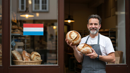 Proud baker holding fresh sourdough bread at his bakery door. Small business owner in Luxembourg with a national flag sticker on the shop window.