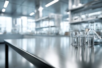 Fototapeta premium Polished metal table with blurred laboratory environment