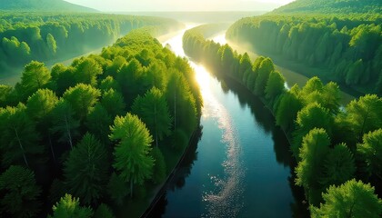 Aerial view of a river winding through a lush green forest with sunlight reflecting on the water surface