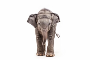 Fototapeta premium Curious baby elephant walking toward camera, white studio background.