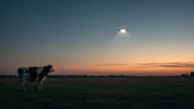 Cow watching a UFO in a field at sunset. Alien spaceship encounter in a rural landscape at dusk.