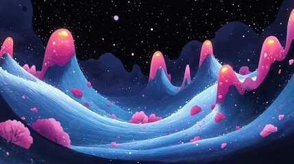 A surreal landscape featuring colorful mountains and trees under a starry sky.