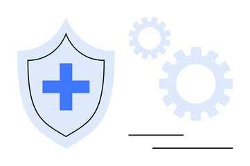 Obraz premium Shield with blue cross symbol next to three gears in motion. Ideal for themes thumbs up healthcare, security, collaboration, system management, teamwork, integration, and data protection. A simple