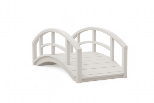 Small white wooden arched pedestrian bridge isolated on transparent background, ideal for architectural visualization or landscaping projects