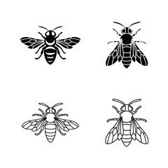 Bee and Wasp Icon Set Vector Illustration. Black and White Insect Silhouettes and Outline Designs.
