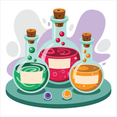 magic potion flask collection with colorful liquids vector art isolated on white background