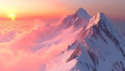 The illustration shows a high-angle view of snow covered mountain peaks during a vibrant sunset, with layers of clouds below.