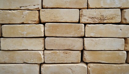 Fototapeta premium The image shows many rectangular bricks arranged in a horizontally stacked wall pattern, exhibiting variations in color and texture.