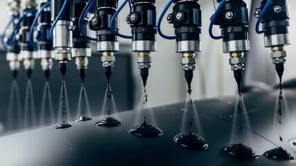 Closeup of spray booths atomizing nozzles precisely depositing radarabsorbent materials on unmanned aircraft skin.