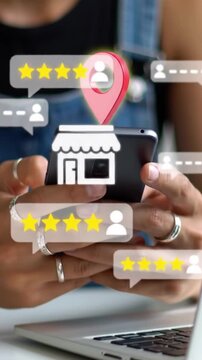 Person checking online reviews of a local business on a smartphone with a location pin and star ratings overlay.