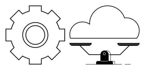 Gear beside balanced scale with cloud symbolizing harmony between mechanical systems and cloud computing. Ideal for technology, cloud storage, innovation, engineering, digital transformation, IT