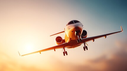 A sleek, golden private jet ascends towards a vibrant sunset, symbolizing aspiration and freedom, captured with dramatic lighting and a focus on aerodynamic form.