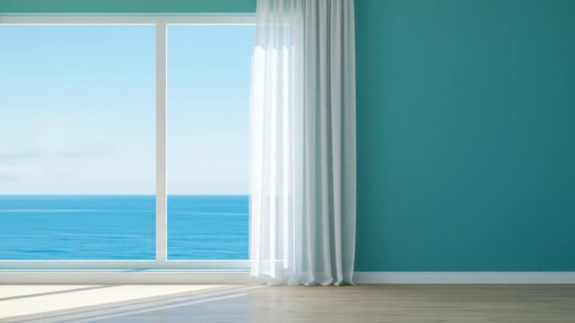 Minimalist interior view of ocean scene through large window with light blue walls and white curtain