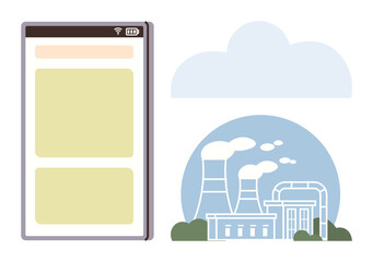 Smartphone interface next to factory with chimneys emitting smoke, representing industrial production and technology connection. Ideal for energy, pollution, app design, sustainability, digital
