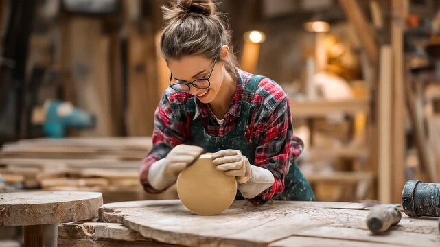 Generative AI. Female artisan skillfully shaping clay on a wooden workbench, showcasing the intricate process of pottery creation in a rustic workshop environment filled with tools and materials