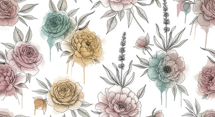 Elegant seamless pattern of handdrawn flowers with soft pastel watercolor washes.