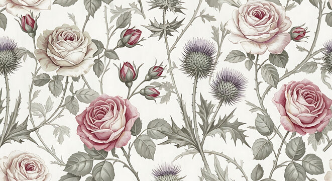 Fototapeta Elegant Seamless Pattern of Pink Roses and Thistle Flowers.
