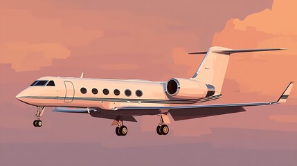 Naklejka premium A stylized depiction of a private jet in flight, rendered with smooth gradients and bold outlines, evokes a sense of luxury and aspiration against a warm, atmospheric sky.