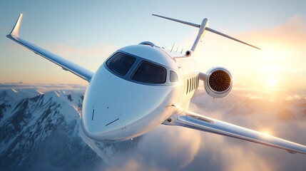 Fototapeta premium A sleek, private jet soars forward through a vibrant sunrise, capturing a sense of freedom and aspiration against a backdrop of majestic, snow-capped mountains.
