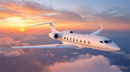 Fototapeta premium A sleek, private jet soars through a vibrant sunset sky, its polished exterior reflecting the warm hues of orange and gold amidst fluffy clouds, evoking a sense of freedom and aspiration.
