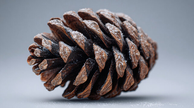 close-up of a single natural pinecone lightly dusted with snow, placed on matte light grey background, minimalist winter styling with ample negative space
