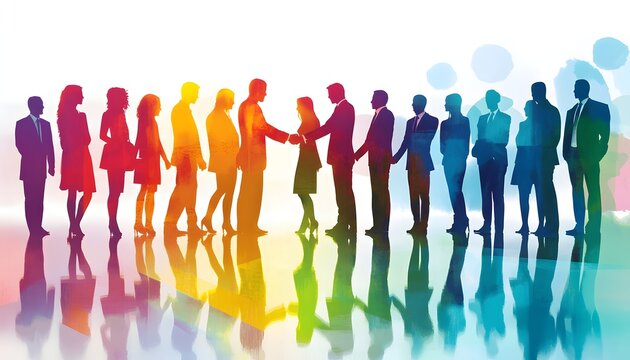 The illustration shows diverse business professionals interacting, some shaking hands, others in conversation, representing networking and collaboration.