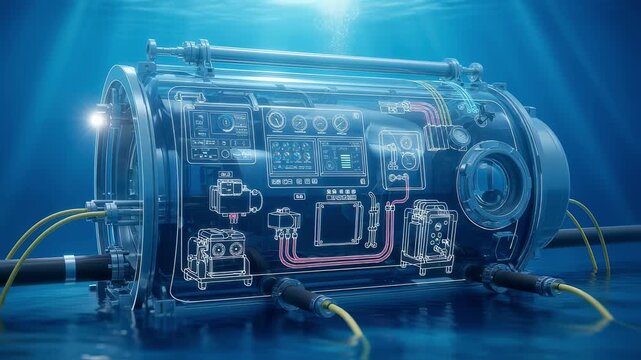 Detailed schematic overlay of a hyperbaric welding habitat mockup illustrating its components for underwater pipeline repair techniques.