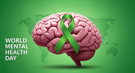 Human Brain with Green Ribbon on World Map Backdrop for Mental Health Day