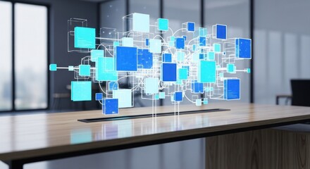Abstract blue and white cubes connected by lines hovering over a wooden conference table in a modern office