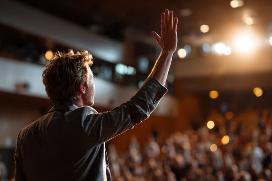 Man raising hand while speaking on stage in auditorium, addressing large audience during conference or motivational event