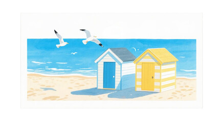 beach houses with symbols of hobbies and leisure on coast sea, ocean or lake.