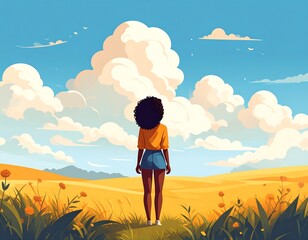 Fototapeta premium Woman standing in a field, gazing at a vast sky