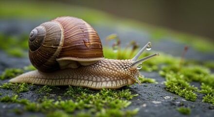 Close up of a snail crawling on mossy rock with water droplets on its antennae