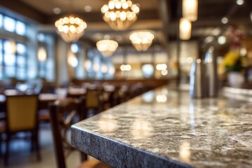 Granite countertop in sharp focus with blurred restaurant interior