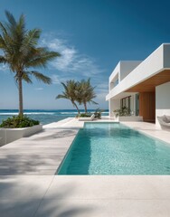 Fototapeta premium Modern luxury villa with infinity pool overlooking tropical beach under clear blue sky