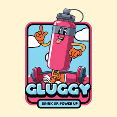Cute pink sport bottle character walking with a happy face sticker illustration
