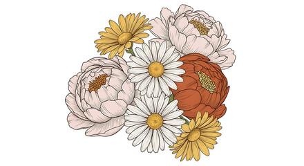 Handdrawn Floral Arrangement of Peonies and Daisies.