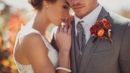 Romantic bride and groom embracing closely on their wedding day, with the bride showing her ring and pearl bracelet and the groom wearing a suit with autumn flowers