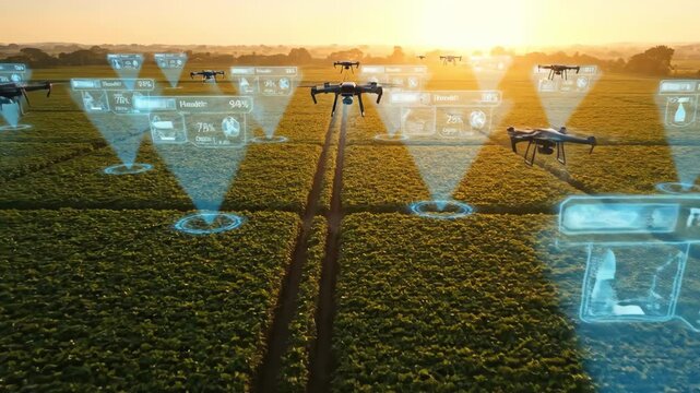 A fleet of smart farm drones analyzing crop data. Concept of high-tech agriculture