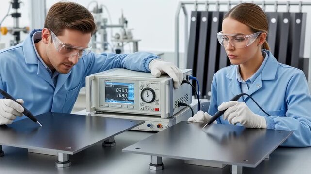 Engineers conducting quality control tests on shield panels ensuring optimal magnetic permeability for SQUID magnetometer applications.