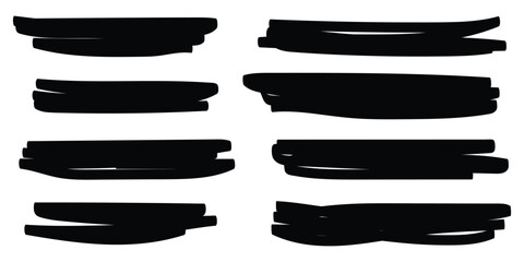 Set of hand drawn marker line vector illustration design element, grunge strokes, doodle lines underline scribble. marker pen lines hand drawn set. highlight marker stripes. Marker Stroke set. EPS 10.