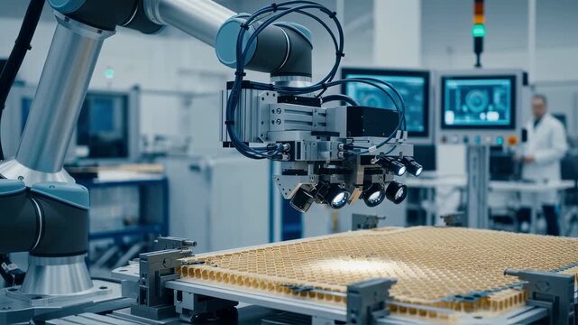 Robotic bonding station with integrated vision systems inspecting honeycomb core aerospace materials for defects.