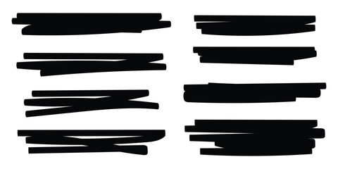 Vector cartoon abstract illustration of collection of various brush stroke element on white color background. Flat hand drawn sketch doodle style design of set of simple different marker shape. Eps 10