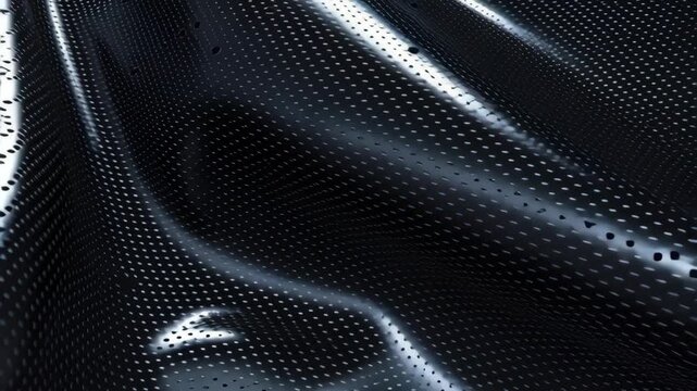 Generative AI. Black perforated fabric flowing elegantly, showcasing the interplay of light and shadow, creating a dynamic visual texture that captivates the viewer's attention and imagination